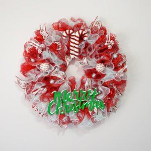 Merry Christmas Candy Cane Deco Mesh Wreath